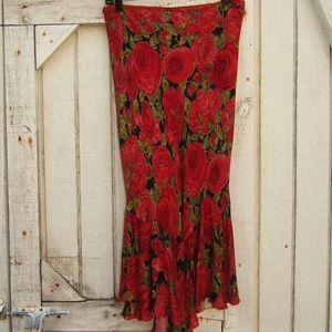 PIANO 100% silk red🌹rose print midi skirt size M